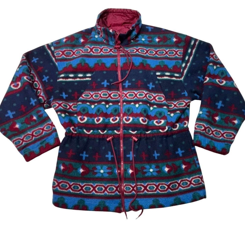 Vintage British‎ Mist Reversible Jacket Aztec Fleece Womens M 90s Coat